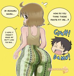 1boy 1girl ahoge alternate_costume ass ass_focus black_hair brown_eyes brown_hair brown_tank_top closed_eyes forbidden_pants highres huge_ass looking_at_viewer looking_back madmex meme_attire multicolored_pants nichijou open_mouth pants print_pants sakurai_izumi simple_background takasaki_manabu tank_top yellow_background