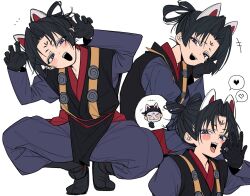 Rule 34 | 1boy, animal ears, bandana, bishounen, black bandana, black footwear, black gloves, black hair, blush stickers, dh vxt, facial mark, feixianji (hairstyle), fellatio gesture, forehead mark, fox ears, fox mask, gloves, hakama, hakama pants, hand on own cheek, hand on own face, heart, highres, houjou tokiyuki (nige jouzu no wakagimi), japanese clothes, kariginu, kazama genba, looking at viewer, male focus, mask, multiple views, nige jouzu no wakagimi, ninja, open mouth, osugaki, pants, paw pose, purple eyes, sidelocks tied back, simple background, smile, smug, speech bubble, spoken heart, squatting, teeth, tongue, tongue out, white background