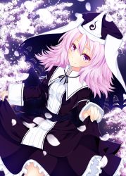 Rule 34 | 1girl, adapted costume, alternate costume, alternate eye color, aura, black shirt, blurry, breasts, cherry blossoms, clothes lift, depth of field, female focus, glowing, hair between eyes, koumajou densetsu, koumajou densetsu 2, long sleeves, looking at viewer, merxkialis, messy hair, night, petals, pink hair, purple eyes, ribbon, saigyouji yuyuko, shirt, shirt lift, short hair, skirt, skirt lift, smile, solo, touhou, triangular headpiece