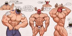 Rule 34 | 2boys, abs, ass, bara, bulge, chaos (yecow), covered face, feet out of frame, hairy, helmet, highres, horns, huge ass, large pectorals, male focus, male swimwear, manly, mature male, metal plate, multiple boys, muscular, muscular arms, muscular legs, muscular male, nipples, original, pants, pectorals, simple background, speech bubble, swim briefs, thighs, void (yecow), yecow