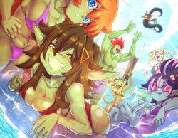 1boy 6+girls absurdres armpits bikini blonde_hair blue_eyes breasts brown_hair collarbone colored_skin day double_bun female_goblin goblin green_skin grin hair_between_eyes hair_bun hair_ornament hands_on_own_hips highres honey_goblin indie_virtual_youtuber large_breasts large_ears looking_at_viewer multiple_girls muscular muscular_male navel nisego open_mouth orange_hair outdoors pointy_ears ponytail purple_hair red_hair rocket_launcher sharp_teeth shorts skull_hair_ornament smile sunglasses swimsuit tail teeth throwing throwing_person tongue virtual_youtuber water weapon