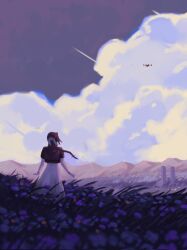 1girl aerith_gainsborough aircraft airplane bangle biplane bracelet braid braided_ponytail brown_hair cloud cloudy_sky cropped_jacket dress facing_away field final_fantasy final_fantasy_vii final_fantasy_vii_rebirth final_fantasy_vii_remake flower flower_field hair_ribbon highres jacket jeseni jewelry long_dress long_hair mountain outdoors pink_dress pink_ribbon red_jacket ribbon single_braid sky solo standing