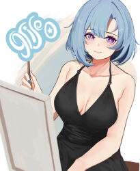 1girl absurdres alternate_costume black_dress blue_hair breasts canvas_(object) character_name collarbone commentary dress english_commentary griseo griseo_(cosmic_expression) highres holding holding_paintbrush honkai_(series) honkai_impact_3rd large_breasts looking_at_viewer paintbrush purple_eyes short_hair sitting snzw23 solo