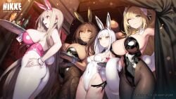 4girls absurdres ainezu animal_ear_fluff animal_ears armpits ass bare_shoulders black_gloves black_leotard black_nails black_necktie black_pantyhose blanc_(nikke) blonde_hair blunt_bangs bottle bow breasts brown_hair copyright_name covered_navel cup curvy dark-skinned_female dark_skin detached_collar earrings fake_animal_ears fishnet_pantyhose fishnets from_side gloves goddess_of_victory:_nikke green_eyes groin hair_intakes hair_ornament heart heart_hair_ornament highleg highleg_leotard highres holding holding_tray horns huge_breasts indoors jewelry large_breasts leotard long_hair medium_breasts multiple_girls nail_polish necktie noir_(nikke) official_alternate_costume official_art one_eye_closed open_mouth pantyhose pink_horns pink_leotard playboy_bunny poker_chip rabbit_ears rabbit_tail revealing_clothes ring rupee_(nikke) rupee_(rabbit_deluxe)_(nikke) shiny_skin side-by-side skindentation smile snake_hair_ornament standing strapless strapless_leotard sweatdrop tail thong_leotard tray very_long_hair viper_(nikke) viper_(toxic_rabbit)_(nikke) white_hair white_leotard white_nails wrist_cuffs yellow_bow yellow_eyes