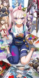 1girl 6+girls airani_iofifteen airani_iofifteen_(1st_costume) animal_ears anya_melfissa art_brush ayunda_risu ayunda_risu_(1st_costume) blue_hair blush breasts canvas_(object) cleavage colored_skin easel gradient_hair grey_skin hair_bun hair_ornament hairband highres holding holding_paint_palette holding_paintbrush hololive hololive_indonesia kaela_kovalskia kito_koruta kobo_kanaeru koruta_(nekoimo) kureiji_ollie kureiji_ollie_(rebirth) long_hair long_sidelocks looking_at_viewer moona_hoshinova multicolored_hair multiple_girls open_mouth paint paint_palette paint_splatter paint_tube paintbrush painting_(action) painting_(object) palette_hair_ornament pavolia_reine picture_frame pink_hair polka_dot_hairband portrait_(object) purple_eyes shirt side_ponytail sidelocks smile solo squirrel_ears squirrel_girl swept_bangs tongue tongue_out vestia_zeta virtual_youtuber zombie