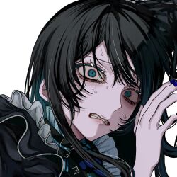 Rule 34 | 1girl, ado (utaite), aegyo sal, aishite aishite aishite (vocaloid), black dress, black gloves, blue eyes, blush, chando (ado), clenched teeth, close-up, commentary request, dress, film grain, gloves, looking at viewer, mole, mole under eye, nervous sweating, open mouth, oyashirazu (adochan daisuki), simple background, solo, sweat, teeth, thorns, upper body, utaite, white background, wide-eyed