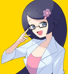 1girl adjusting_eyewear black_hair collarbone fennel_(pokemon) flower_hairpin grey_eyes highres lab_coat looking_at_viewer nintendo pokemon pokemon_bw semi-rimless_eyewear shadow_(modeler3622) simple_background solo upper_body yellow_background