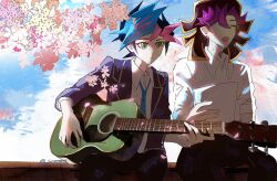 2boys ai_(yu-gi-oh!) alternate_form android black_hair black_jacket black_pants blazer blue_necktie blue_sky cherry_blossoms closed_eyes cloud cloudy_sky colored_bangs dappled_sunlight dress_shirt facing_to_the_side fujiki_yusaku green_eyes guitar holding holding_guitar holding_instrument holding_paper humanoid_robot instrument jacket looking_to_the_side loose_necktie male_focus multiple_boys music necktie one-eyed open_clothes open_jacket open_mouth outdoors pants paper pink-flower playing_guitar playing_instrument robot screen0624 shirt side-by-side sitting_on_fence sky sleeves_rolled_up sunlight white_shirt yu-gi-oh! yu-gi-oh!_vrains