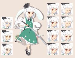 1girl 4rion absurdres black_bow black_bowtie black_eyes black_footwear black_hairband black_ribbon blue_eyes blunt_bangs bob_cut bobby_socks bow bowtie brown_eyes collared_shirt commentary_request frilled_skirt frills full_body green_skirt green_vest hair_ribbon hairband highres hitodama_print holding holding_sword holding_weapon katana konpaku_youmu konpaku_youmu_(ghost) long_sleeves looking_at_viewer mary_janes medium_skirt multiple_views red_eyes ribbon shirt shoes short_hair skirt socks standing sword tachi-e touhou vest wakizashi weapon white_hair white_shirt white_socks yellow_eyes