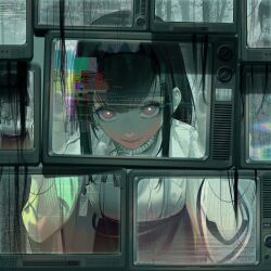 1girl absurdres arknights black_hair black_hairband bright_pupils chinese_commentary commentary evil_smile glitch hairband highres horror_(theme) jacket long_hair long_sleeves looking_at_viewer oneworldtwo priestess_(arknights) red_eyes shirt smile staring television white_jacket white_pupils white_shirt