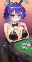 1girl absurdres alternate_breast_size alternate_costume animal_ears arm_under_breasts armpit_crease bare_shoulders between_breasts black_bow black_bowtie black_leotard black_pantyhose blue_eyes blue_hair blush bow bowtie breasts card card_between_breasts casino_card_table cleavage closed_mouth commentary cowboy_shot detached_collar dobostorte eyelashes fake_animal_ears fine_fabric_emphasis gradient_background hair_between_eyes hairband hand_up highleg highleg_leotard highres huge_breasts large_breasts leotard looking_at_viewer medium_hair pantyhose pink_background playboy_bunny rabbit_ears rainbow_hairband simple_background smile solo strapless strapless_leotard symbol-only_commentary table tenkyuu_chimata touhou