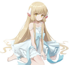 1girl absurdres animal_ears barefoot blonde_hair blue_bow blue_dress bow breasts chii chobits cleavage commentary dress frills hair_tubes highres kinako_yuki long_hair looking_at_viewer nightgown persocom_(chobits) robot_ears simple_background sitting solo very_long_hair wariza white_background yellow_eyes