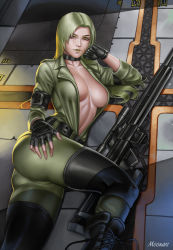 Rule 34 | 1girl, audia pahlevi, belt, black footwear, blonde hair, breasts, choker, cleavage, commentary, female focus, fingerless gloves, fingernails, floor, gloves, gun, h&amp;k psg1, hand on own cheek, hand on own face, hand on own hip, highres, jacket, konami, large breasts, long hair, lying, metal gear (series), metal gear solid, on side, open clothes, open jacket, rifle, sleeves rolled up, sniper rifle, sniper wolf, solo, weapon, yellow eyes