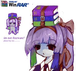 Rule 34 | 2000s (style), blunt bangs, book, chibi, colored skin, grey skin, hair ribbon, headband, multicolored hair, necktie, personification, purple hair, red eyes, ribbon, winrar, yogurt200