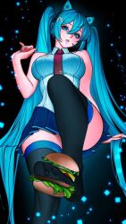 1girl animal_ear_headphones animal_ears aqua_eyes aqua_hair aqua_nails black_background black_thighhighs blue_skirt breasts burger cat_ear_headphones collared_shirt fake_animal_ears feet fif_228 food hatsune_miku headphones highres large_breasts long_hair looking_at_viewer nail_polish necktie pleated_skirt purple_necktie shirt skirt sleeveless sleeveless_shirt soles solo thighhighs toes very_long_hair vocaloid