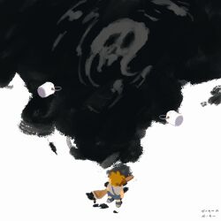 1boy blonde_hair blue_shoes blue_shorts giygas highres looking_back male_focus mother_(series) mother_2 nintendo paint paint_can paintbrush porky_minch ricmoo3 shirt shoes short_hair shorts solo suspenders white_shirt