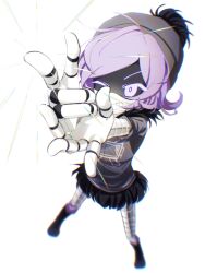 1girl ;d aida_(aidacamelia0516) android beanie black_boots black_hat black_jacket boots chromatic_aberration commentary english_commentary fewer_digits finger_gun flipped_hair foreshortening from_above full_body fur-trimmed_jacket fur_hood fur_trim grin hat highres hood hood_down hooded_jacket jacket knee_boots legs_apart light_particles looking_ahead mechanical_arms mechanical_hands mechanical_legs murder_drones one_eye_closed open_mouth pom_pom_(clothes) pom_pom_beanie purple_eyes purple_hair reaching short-sleeved_jacket short_hair short_sleeves simple_background smile solo uzi_(murder_drones) white_background