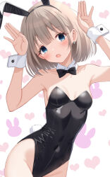1girl :o alternate_costume animal_ear_hairband animal_ears armpits arms_up black_bow black_bowtie black_leotard blush bow bowtie breasts commentary covered_navel detached_collar earrings fake_animal_ears fake_tail frozenpile grey_hair groin hairband heart heart_background highleg highleg_leotard idolmaster idolmaster_shiny_colors jewelry leotard looking_at_viewer playboy_bunny rabbit_background rabbit_ear_hairband rabbit_ears rabbit_pose rabbit_tail serizawa_asahi short_hair small_breasts solo strapless strapless_leotard tail wrist_cuffs