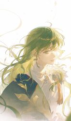 Rule 34 | 1other, absurdres, androgynous, earrings, enkidu (fgo fes. 2025) (fate), fate/grand order, fate (series), floating hair, green eyes, green hair, hair between eyes, highres, jewelry, long hair, looking at viewer, open mouth, other focus, shirt, sili5291, simple background, smile, upper body, white background, white shirt