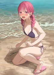 1girl absurdres ai_ai_gasa beach bikini blush braid breasts commentary day embarrassed fang highres hinamizawa_hinami_(tetto) long_hair navel ocean open_mouth original outdoors pink_eyes pink_hair purple_bikini signature slippers slit_pupils small_breasts solo stick stomach swimsuit teeth tetto_(onnoveltet) twin_braids upper_teeth_only