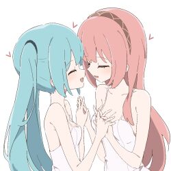 2girls bare_arms blue_hair breasts brown_hairband camisole cleavage closed_eyes commentary_request giryu hairband hatsune_miku heart holding_hands interlocked_fingers medium_breasts megurine_luka multiple_girls open_mouth pink_hair simple_background smile twintails upper_body vocaloid white_background white_camisole yuri