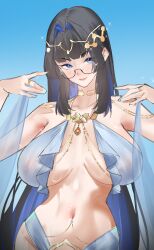 1girl absurdres alternate_costume aqua_nails arabian_clothes armpits belly_chain black_hair blue_background blue_eyes blue_hair blunt_bangs body_jewelry breast_curtains breasts breasts_apart circlet collarbone colored_inner_hair commentary covered_erect_nipples dancer glasses glint gold gold_choker gold_necklace groin hair_intakes harem_outfit highres hololive hololive_english huge_breasts jewelry large_breasts lips long_hair looking_at_viewer looking_over_eyewear multicolored_hair navel necklace ouro_kronii quezsparta ring semi-rimless_eyewear shawl sidelocks simple_background solo stomach straight_hair virtual_youtuber
