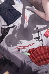 1boy 1girl a1ter absurdres ahoge bed bed_sheet bedroom black_bra black_panties blue_shirt bra breasts condom condom_box condom_wrapper cowgirl_position cum dark-skinned_male dark_skin dressed_shadow_(meme) from_above girl_on_top hachimiya_meguru hair_flaps hair_ornament hairclip hetero highres id_card idolmaster idolmaster_shiny_colors implied_nudity indoors interracial lanyard large_breasts long_hair low_twintails meme multiple_condoms nipples okamoto_condoms on_bed panties plaid_clothes plaid_skirt polo_shirt red_skirt sex shadow shirt silhouette skirt socks straddling string_panties sweat twintails underwear unworn_bra unworn_clothes unworn_lanyard unworn_panties unworn_skirt used_condom white_socks