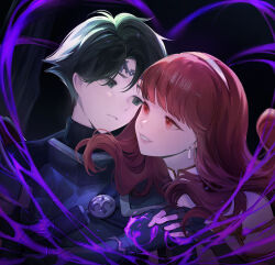 Rule 34 | 1boy, 1girl, absurdres, alm (fire emblem), armor, black gloves, blue armor, celica (fire emblem), celica (imprisoned soul) (fire emblem), circlet, commentary, commission, cones (c0 nes), dark persona, english commentary, eye contact, fingerless gloves, fire emblem, fire emblem echoes: shadows of valentia, fire emblem heroes, gloves, green eyes, green hair, grin, hairband, height difference, highres, holding hands, interlocked fingers, jewelry, lips, looking at another, nintendo, orange eyes, orange hair, pink lips, short hair, smile, white hairband