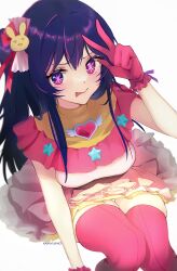 closed_mouth commentary dress english_commentary from_above gloves highres hoshino_ai idol kana_yukino long_hair looking_at_viewer multicolored_hair oshi_no_ko pink_dress pink_gloves pink_hair pink_thighhighs purple_eyes purple_hair side_ponytail sidelocks sitting smile solo star-shaped_pupils star_(symbol) streaked_hair symbol-shaped_pupils thighhighs tongue tongue_out