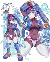 Rule 34 | 2girls, absurdres, aile (mega man zx), black bodysuit, blue hair, blue helmet, blue jacket, bodysuit, breasts, cowboy shot, cropped jacket, crotch plate, ddg160, fairy leviathan (mega man), fins, forehead jewel, full body, head fins, helmet, highres, holding, holding polearm, holding weapon, jacket, large breasts, mega man (series), mega man zero (series), mega man zx, multiple girls, polearm, simple background, solo focus, weapon, white background