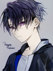 1boy black_hair black_jacket collarbone commentary curtained_hair dated grey_background hair_between_eyes highres jacket male_focus matsunaka_hiro open_clothes open_jacket original portrait purple_eyes shirt short_hair signature simple_background solo upper_body white_shirt