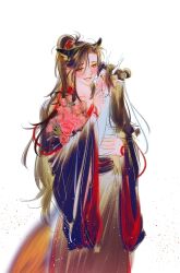 Rule 34 | 2boys, absurdres, aged down, androgynous, animal ears, baby, baby carry, black hair, black hanfu, blush, bouquet, brown hair, carrying, carrying person, chinese clothes, closed mouth, dragon boy, eastern dragon horns, extra ears, finger to another&#039;s cheek, flower, fox boy, fox ears, fox tail, hair ribbon, hanfu, headband, highres, holding, holding bouquet, horns, implied yaoi, kemonomimi mode, korean commentary, lan wangji, light particles, long hair, long sleeves, looking at another, male focus, modao zushi, multiple boys, niken (niken ouo), parted lips, pink flower, ponytail, red eyes, red ribbon, ribbon, robe, sash, sidelocks, simple background, smile, standing, tail, topknot, trap, upper body, wei wuxian, white background, white hanfu, white headband, wide sleeves, yellow eyes