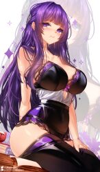 1girl arm_behind_back bare_shoulders black_one-piece_swimsuit black_thighhighs blush breasts cleavage covered_navel fern_(sousou_no_frieren) hair_ornament hand_on_own_leg large_breasts likunea long_hair one-piece_swimsuit pout purple_eyes purple_hair sitting solo sousou_no_frieren swimsuit thighhighs zettai_ryouiki zoom_layer