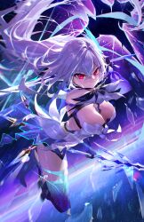1girl absurdres blue_thighhighs breasts broken_glass elbow_gloves genshin_impact glass gloves gradient_gloves grey_hair hair_between_eyes highres large_breasts long_hair looking_at_viewer meltyrice purple_gloves red_eyes skirk_(genshin_impact) solo thighhighs