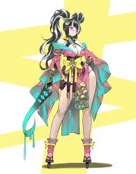 1girl absurdres arowana2111 bare_shoulders black_hair black_panties blue_kimono blush breasts commentary english_commentary full_body highres holding holding_sword holding_weapon japanese_clothes kimono large_breasts looking_at_viewer obi original panties pink_kimono pink_socks sash smile socks solo sword twintails two-tone_kimono underwear weapon white_hair