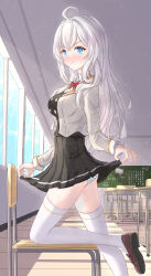 1girl :t absurdres ahoge alisa_mikhailovna_kujou ass black_skirt blue_eyes blush bow bowtie breasts brown_shoes buttons chair chalkboard classroom closed_mouth clothes_lift collared_shirt commentary crossed_bangs day double-breasted embarrassed eyelashes flying_sweatdrops foot_out_of_frame grey_hair grey_jacket hair_between_eyes hair_intakes hair_over_shoulder highres indoors jacket large_breasts lifting_own_clothes light_particles loafers long_hair long_sleeves looking_at_viewer miniskirt nose_blush open_clothes open_jacket panties pleated_skirt pockysamadesuwa pout red_bow red_bowtie russian_flag school_chair school_uniform shirt shoes sidelocks skirt skirt_lift solo standing standing_on_one_leg striped_clothes striped_panties sweat thighhighs tokidoki_bosotto_roshia-go_de_dereru_tonari_no_alya-san underwear v-shaped_eyebrows very_long_hair white_shirt white_thighhighs window zettai_ryouiki