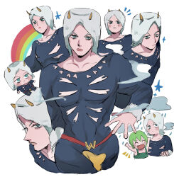 1boy 1girl :d belt black_bodysuit blue_eyes bodysuit chibi chibi_inset clothing_cutout cloud collarbone dot_nose excited expressionless eyelashes fake_horns fang foo_fighters_(jojo) frown fur_hat green_hair green_overalls hat heart highres horned_hat horned_headwear horns jitome jojo_no_kimyou_na_bouken looking_at_viewer looking_up male_focus matubaru_chan multiple_views open_mouth overalls rain rainbow red_belt smile star_(symbol) stone_ocean weather_report white_background