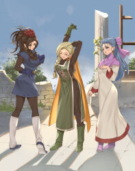 3girls :d ass bianca_(dq5) black_bodysuit black_hair blonde_hair blue_dress blue_eyes blue_gloves blue_hair bodysuit boots bow braid cape commentary_request commission cosplay deborah_(dq5) dragon_quest dragon_quest_ii dress earrings flora_(dq5) flower gloves green_boots green_gloves green_tabard hair_bow hair_flower hair_ornament hair_over_shoulder highres hoop_earrings jewelry long_dress long_hair makuramuika multiple_girls open_mouth orange_cape pink_shoes pixiv_commission prince_of_lorasia prince_of_lorasia_(cosplay) prince_of_samantoria prince_of_samantoria_(cosplay) princess_of_moonbrook princess_of_moonbrook_(cosplay) purple_bow red_flower red_rose rose ruins shoes single_braid smile stretching tabard white_boots white_dress