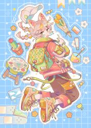 1girl animal_ears arm_pouch backpack bag bandaid bandaid_on_cheek bandaid_on_face baseball_cap blue_background blunt_bangs braid brown_hair brown_hat brown_pants cactus candy cat_ears charm_(object) checkered_background commentary cup floating floating_hat floating_object floral_print flower flower_symbol food from_behind full_body green_eyes grid_background hair_ornament hairclip hat highres jacket jumping legband long_sleeves looking_at_viewer looking_back midair mug multicolored_eyes multicolored_hair open_mouth orange_flower orange_shoes orange_tulip original outline pants pastel_colors photo_(object) red_jacket shoes short_hair signature simple_background sneakers solo sorata123 stool streaked_hair toothbrush toothpaste tulip twin_braids unworn_hat unworn_headwear watch white_outline wristwatch