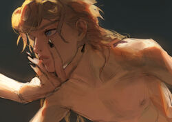 2boys absurdres black_nails blonde_hair blue_eyes dio_brando father_and_son fingernails giorno_giovanna hand_on_another&#039;s_chin hand_on_another&#039;s_face highres implied_incest jewangchobab jojo_no_kimyou_na_bouken long_hair looking_at_another male_focus messy_hair multiple_boys out_of_frame parted_lips sharp_fingernails simple_background solo_focus stardust_crusaders topless_male vento_aureo victory_rolls