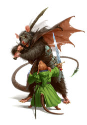 absurdres buck_teeth commentary english_commentary fantasy from_behind green_robe height_difference highres holding holding_shield holding_sword holding_weapon hood hood_down manuel_castanon mouse_(animal) no_humans redwall robe shield size_difference sword tail teeth two-handed weapon wings