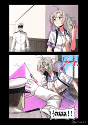 1boy 1girl 2koma admiral_(kancolle) antenna_hair blue_sailor_collar closed_mouth comic commentary_request gas_mask gloves green_eyes grey_hair highres indoors kantai_collection kinugasa_(kancolle) long_hair mask military military_uniform misumi_(niku-kyu) naval_uniform pun sailor_collar school_uniform serafuku shirt short_sleeves translation_request twitter_username white_gloves white_shirt
