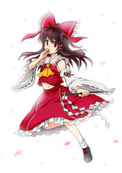 1girl ascot bow brown_hair detached_sleeves female_focus gohei hair_bow hair_tubes hakurei_reimu haraegushi monrooru navel oonusa petals red_eyes shoes socks solo touhou