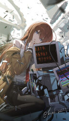 1girl absurdres black_pantyhose black_skirt blue_eyes blush brown_jacket hair_between_eyes highres jacket kieed long_hair looking_at_viewer makise_kurisu monitor necktie open_mouth pantyhose red_hair red_necktie shirt sidelocks sitting skirt solo steins;gate wariza white_shirt