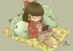 Rule 34 | 1girl, alternate costume, barefoot, blanket, bow, brown hair, brown pants, brown shirt, closed eyes, closed mouth, commentary request, dog, frilled bow, frilled hair tubes, frills, full body, grey background, hair bow, hair tubes, hakurei reimu, handheld game console, haori, holding, holding handheld game console, japanese clothes, komano aunn, komano aunn (komainu), nintendo switch, onikobe rin, pants, red bow, red haori, shirt, short hair, simple background, solo, touhou
