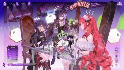 3girls arm_on_table armor arrow_(symbol) bare_shoulders bat_wings belt belt_buckle black_armor black_belt black_bow black_corset black_footwear black_hair black_horns black_ribbon black_shirt blue_eyes blunt_bangs board_game bow braid breasts buckle capelet chain check_copyright choker cleavage closed_mouth commentary copyright_request corset cuffs dice dress ear_piercing english_commentary english_text feet_out_of_frame figure flower frilled_dress frilled_hairband frilled_sleeves frilled_wrist_cuffs frills from_side full_armor fumes gameplay_mechanics glass_table gold_choker hair_bow hair_flower hair_ornament hair_over_one_eye hair_ribbon hairband hat helmet heterochromia horns kneehighs large_breasts lolita_hairband long_hair long_sleeves mary_janes medium_breasts mini_hat multicolored_hair multiple_belts multiple_girls multiple_horns nonaneva open_mouth original piercing playing pointing pointy_ears puffy_cheeks purple_background purple_capelet purple_hair purple_socks red_eyes red_flower red_hair red_rose ribbon rose shackles shirt shoes short_dress short_hair short_sleeves single_braid sitting smile socks stomach streaked_hair sweatdrop table teeth thigh_belt thigh_strap turtleneck very_long_hair wavy_hair white_choker white_dress white_hairband white_headwear wings witch_hat wrist_cuffs x_x yellow_eyes