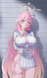 1girl absurdres ahoge arms_under_breasts belt blue_archive blue_sailor_collar blush bound bound_arms bow braid breasts character_name chromatic_aberration closed_mouth commentary_request cross cross_print crossed_arms gluteal_fold gradient_hair green_eyes hair_bow halo hanako_(blue_archive) height_chart highres large_breasts light_smile long_hair long_long_life long_sleeves looking_at_viewer mouth_hold mugshot multicolored_hair necktie o-ring o-ring_belt pink_belt pink_hair pink_halo pink_lips pink_necktie pleated_skirt print_necktie sailor_collar school_uniform serafuku side_slit skirt solo standing thigh_belt thigh_strap thighs trinity_general_school_logo white_bow white_serafuku white_skirt