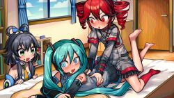 3girls barefoot bedroom belt black_belt black_hair black_skirt black_sleeve_cuffs blue_eyes blue_hair blue_sky blush bookshelf bow buttons cloud coat curtains day detached_sleeves double-breasted double-parted_bangs drill_hair embarrassed fingernails flat_chest grey_jacket grey_skirt hair_between_eyes hair_bow hair_ribbon hands_on_another&#039;s_back hashtag-only_commentary hatsune_miku headphones headset highres indoors jacket kakosa_sama kasane_teto kasane_teto_(sv) layered_skirt layered_sleeves leg_up long_sleeves looking_at_another luo_tianyi microphone midriff_peek multiple_girls no_shoes open_mouth red_coat red_eyes red_hair red_nails red_skirt ribbon shirt shoulder_belt shoulder_boards shoulder_tattoo sitting sitting_on_person skirt skirt_set sky sleeve_cuffs sleeveless sleeveless_shirt socks striped_clothes striped_skirt synthesizer_v tattoo triangle_mouth twin_drills twintails utau vocaloid white_bow white_ribbon window