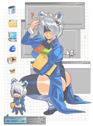 1girl 2b_(nier:automata) 2k-tan 2k-tan_(cosplay) ? ass blindfold blue_blindfold blue_thighhighs blush chibi chibi_inset chzzei commentary cosplay cursor folder full_body hand_up highres holding holding_folder hourglass internet_explorer juliet_sleeves long_sleeves microsoft_windows mole mole_under_mouth msn_messenger nier:automata nier_(series) os-tan progress_bar puffy_sleeves recycle_bin short_hair sleeve_cuffs squatting thighhighs thighs white_hair white_sleeve_cuffs window_(computing) windows_2000 windows_classic