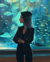 Rule 34 | 1girl, aquarium, black coat, black dress, black eyes, black hair, black leggings, blue theme, bracelet, coat, coral, cowboy shot, crossed arms, dress, fish, gradient hair, highres, jewelry, leggings, lens flare, looking at object, multicolored hair, necklace, original, pearl necklace, sam yang, short dress, solo, stingray, trout